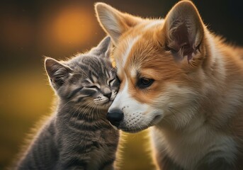 Fototapeta premium Adorable Kitten and Puppy Embrace Outdoors. Generative Ai
