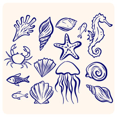 Hand-Drawn Marine Life and Sea Creatures Outline Collection