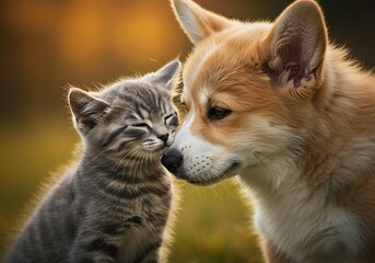 Fototapeta premium Adorable Kitten and Puppy Embrace Outdoors. Generative Ai