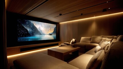 Home theater room with plush seating, large screen, and dim ambient lighting