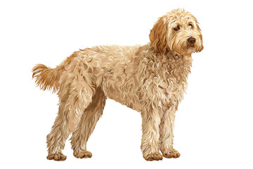 Adorable cream Goldendoodle dog standing isolated on white transparent background