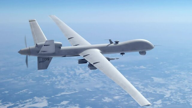 Missile-equipped military UAV flying in daylight, ideal for defense explainers, tactical mission branding, or combat simulation visuals.