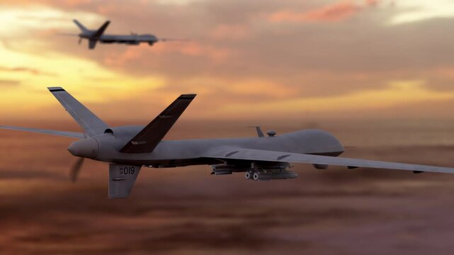 Military drone with rear propeller silhouette flies at sunrise, ideal for combat UAV branding, tactical drone explainers or defense tech visuals.