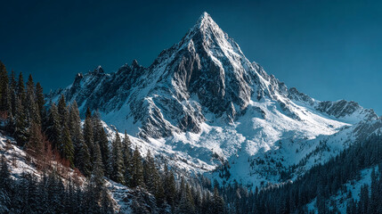 Fototapeta premium Snowy mountain peak rises above evergreen trees. Serene alpine scene for travel, nature, or adventure marketing, web design.