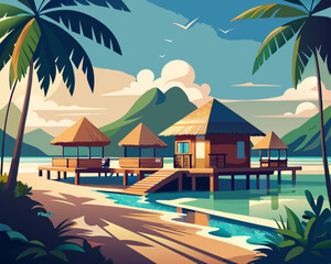 colorful illustration of a caribbean beachfront resort with thatched roofs