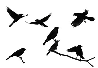 Isolated Illustration of Black Birds Flying and Perched on Branch
