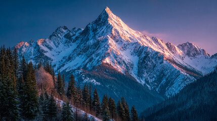 Obraz premium Sunrise paints snowy mountain peaks above the evergreen forest. Concept: adventure, travel, serenity. For web, marketing, design, print.