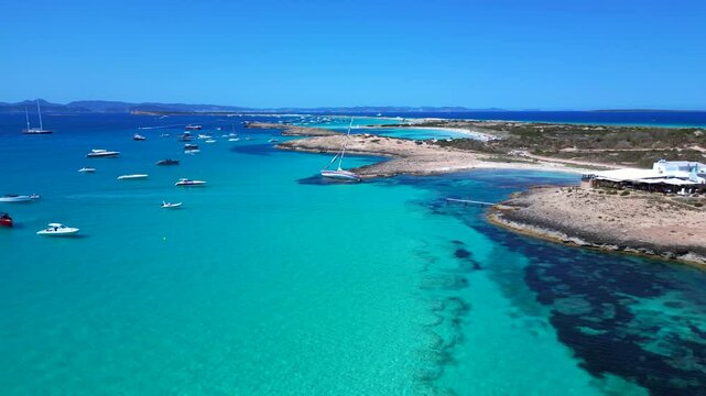 Sailboat stranded in formentera at summer. Amazing aerial view flight drone