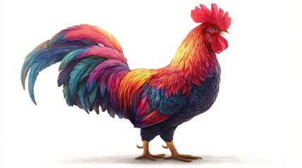 Fototapeta premium Vibrant rooster illustration against white background. Colorful plumage in reds, blues, and purples. Detailed, stylized feathers. Standing pose, crested head