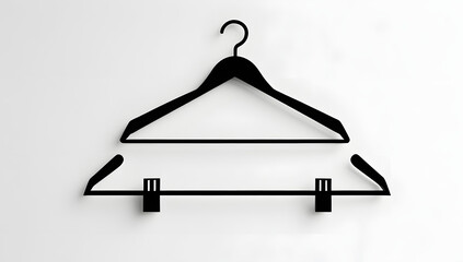 Black silhouette of a modern two-tier clothes hanger with clean geometric lines, upper and lower bars for garments, centered on pure white background, evoking minimalism, order, and fashion symmetry