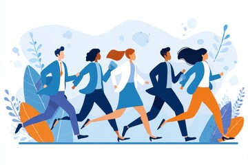 A group of diverse people of different ages and genders are seen running together in a beautiful park on a sunny day. They are all wearing comfortable athletic attire