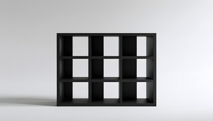 Black silhouette of a minimal rectangular shelf with one open cubby centered, surrounded by darkened compartments on a pure white background, evoking mystery, order, and modern simplicity