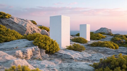 Two white minimalist structures on a rocky landscape with green vegetation and a soft pastel sky