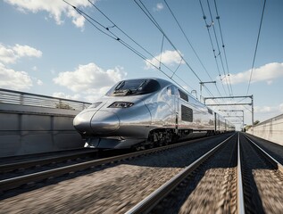 Fototapeta premium A sleek high-speed train zooming along a modern railway track, with its streamlined design and motion blur capturing the essence of speed against a clear sky. 