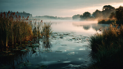 Misty Lake Scene at Sunrise: Water, reeds, lily pads in tranquil landscape. Use for website, editorial, or marketing.