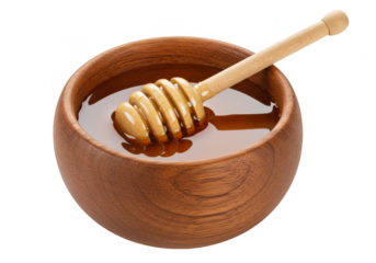 Realistic Image Wooden Bowl with Sweet Honey and Wooden Spoon on Transparent
