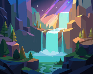 Obraz premium colorful illustration of a hidden fairy waterfall and forest