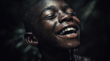 Joyful youth stands in rain, eyes closed, head tilted back, illuminated, dark background
