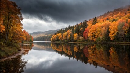 Autumn landscape featuring a serene lake reflecting colorful trees under a cloudy sky