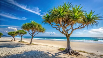 Fototapeta premium Pandanus trees standing tall on the powdery white sand of Srakung Beach, ocean, natural, ocean