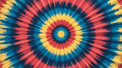Vibrant radial tie dye pattern with red blue and yellow concentric circles