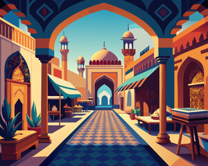 colorful illustration of a historical persian bazaar with archways building architecture