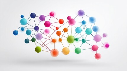 Colorful interconnected spheres, representing connections and networks on a light grey background