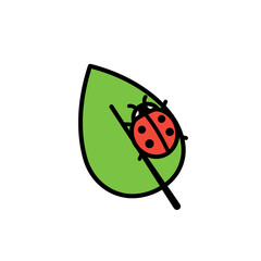 Obraz premium Cute red ladybug with black spots resting on bright green leaf flat cartoon icon