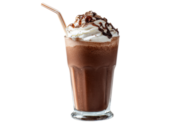 A glass of chocolate milk with a straw in it