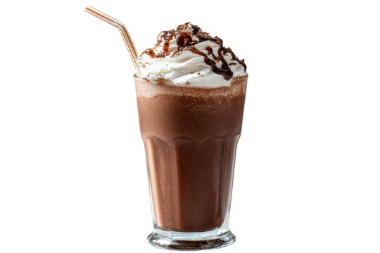 A glass of chocolate milk with a straw in it