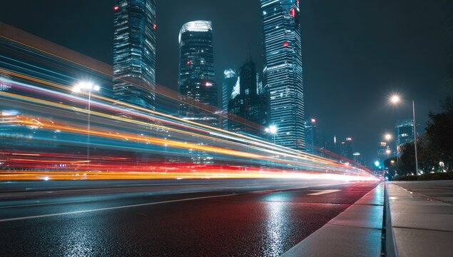 City street at night with blurred car lights. Tall buildings line the horizon