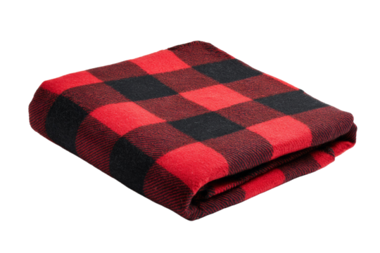 A red and black plaid blanket is laying on a white background