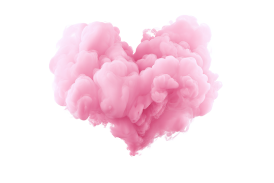 Pink cloud of smoke in heart shape isolated on white transparent background.