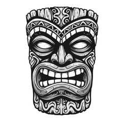 Isolated Illustration of Grey and White Tribal Tiki Mask Totem Design
