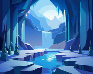 colorful illustration of a a mystical ice cavern with frozen waterfalls