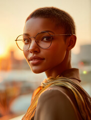 Stylish young businesswoman in glasses at sunrise with confident gaze