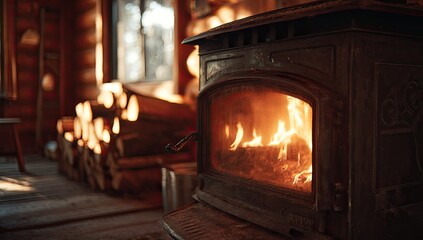 Cozy wood-burning stove in a rustic cabin. Sunlight streams through the window, illuminating the warm fire