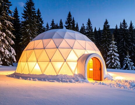 Illuminated geodesic dome in snowy landscape