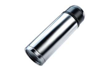 A silver thermos bottle with a black handle