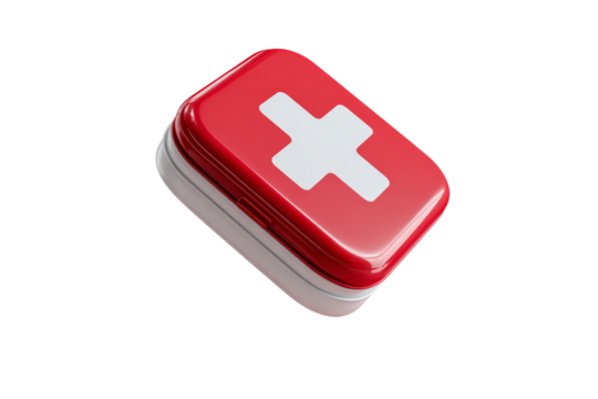 A red and white box with a cross on it