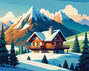 colorful vector illustration of a traditional swiss chalet with wooden cabin and snow mountains as background