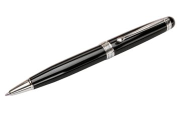 A black pen with a silver tip sits on a white background