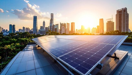 City rooftop solar panels at sunset