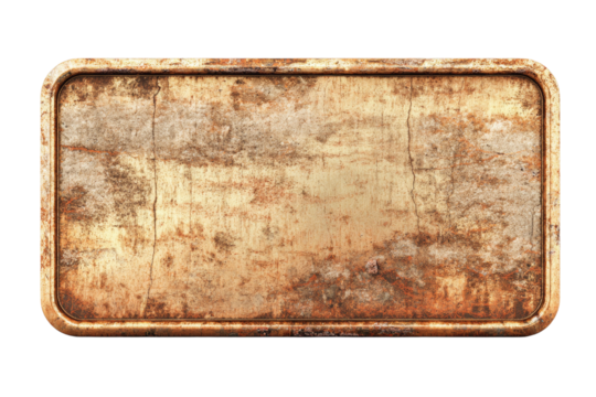 A sign with a rusted surface and a faded color