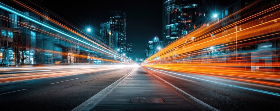 City street at night, with trails of car lights
