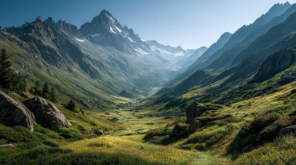 Fototapeta premium Mountain Valley Shimmers in Sunlight. Landscape showcases peaks, green valley, meadows. Ideal for travel, adventure, nature, marketing, web use.