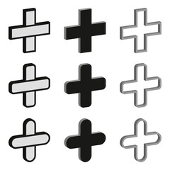 Isometric plus icon. Solid sleek form. Black grey design. Vector glossy symbol.