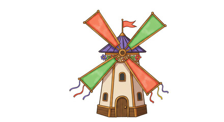 Illustration of Old Fashioned Windmill with Green Blades in Transparent