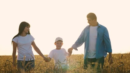 Smiling family man woman and boy son walking together on sunny dry wheat field. Happy mother father and kid child holding hands with love tenderness and best feelings at harvest farming countryside