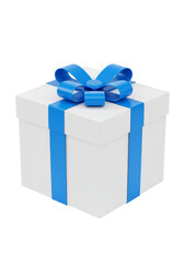 3d Render of White Gift Box with Blue Ribbon on Transparent Background